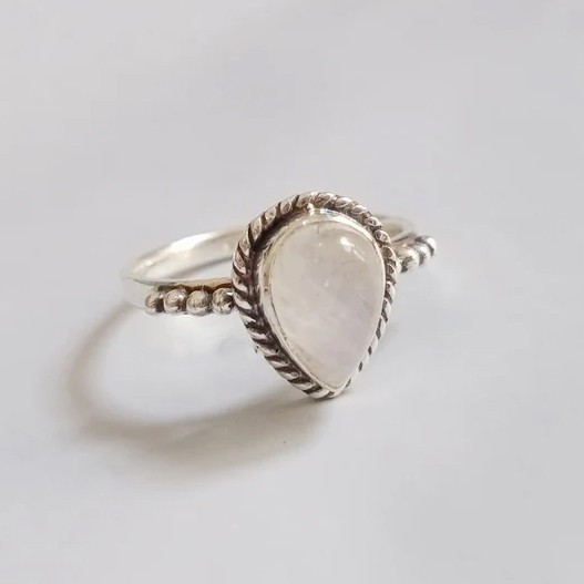 Solid 925 Sterling Silver Natural Pear Moonstone Twisted Rope Band Handmade Ring