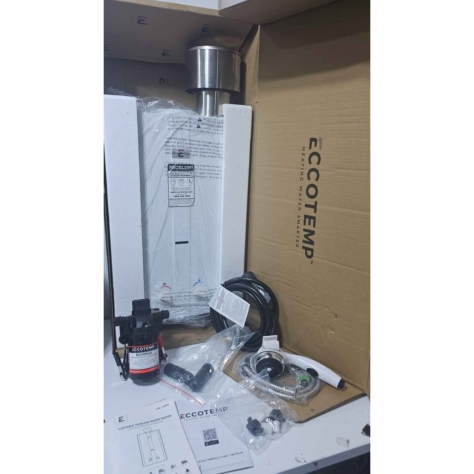 Eccotemp portable tankless water heater and water pump for off-grid use