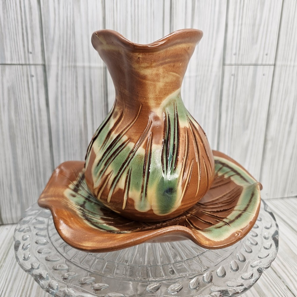 Art Studio Pottery Pitcher & Basin Twisted Handle Ruffled Basin Unique
