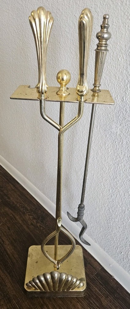 Vintage S.M.I. Solid Brass Fireplace Tool Set | Heavy Shell Nautical 29" | MCM