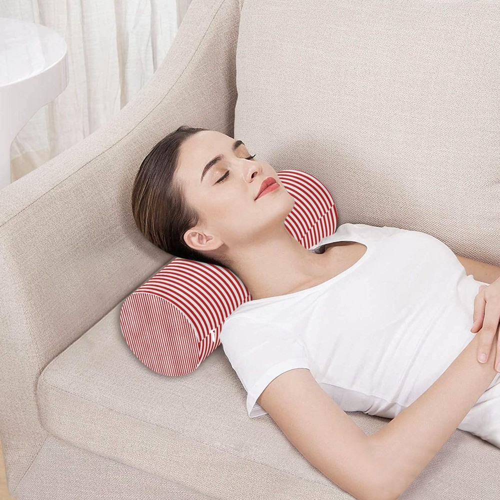 Red White Stripes Neck Roll Pillow - Extra Dense Memory Foam Round Cylinder B...