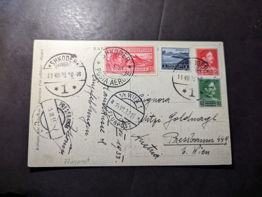 1933 Albania Postcard Cover Shkoder to Pressbann Vienna Austria Shkoder View