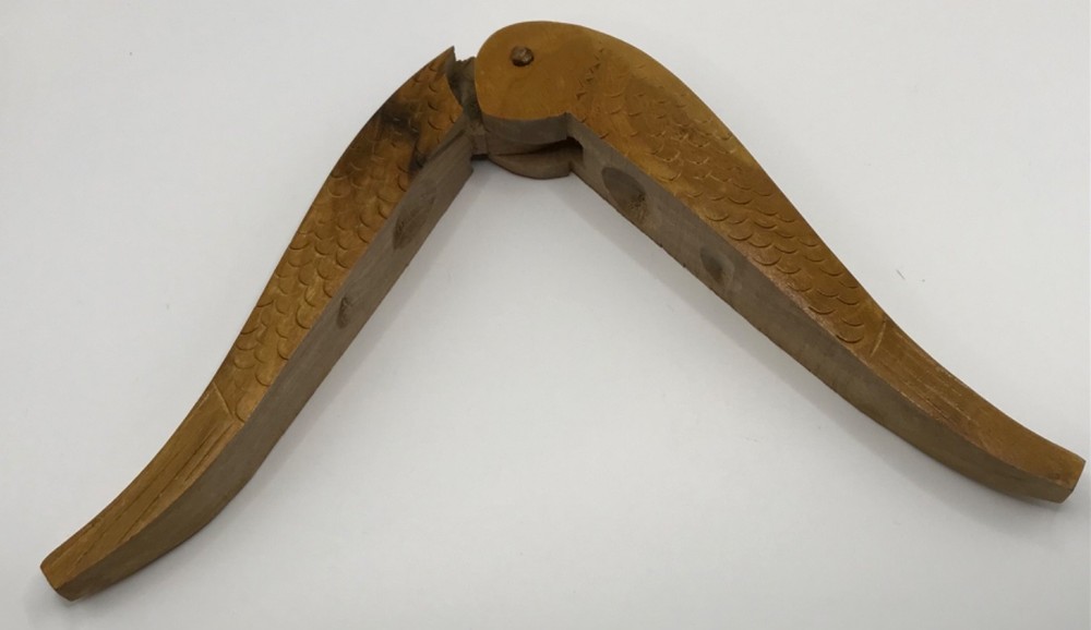 VTG Hand Carved Solid Wood Fish Shape Double Nut Cracker 8" Decorative Textured