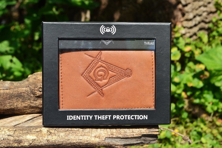 Masonic Tan Leather Tri-Fold Wallet - RFID Protected - Square and Compasses