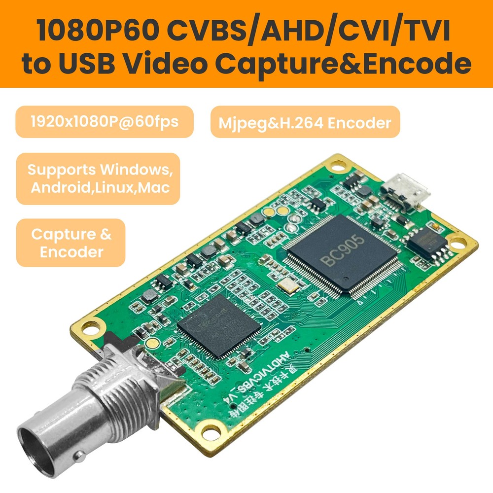 CVBS/AHD/CVI/TVI to USB 1080P60 Capture Card H.264&MJPEG 2-Stream BNC Encoder