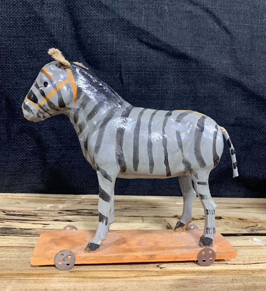 Antique Paper Mache Zebra Pull Toy on Wheels