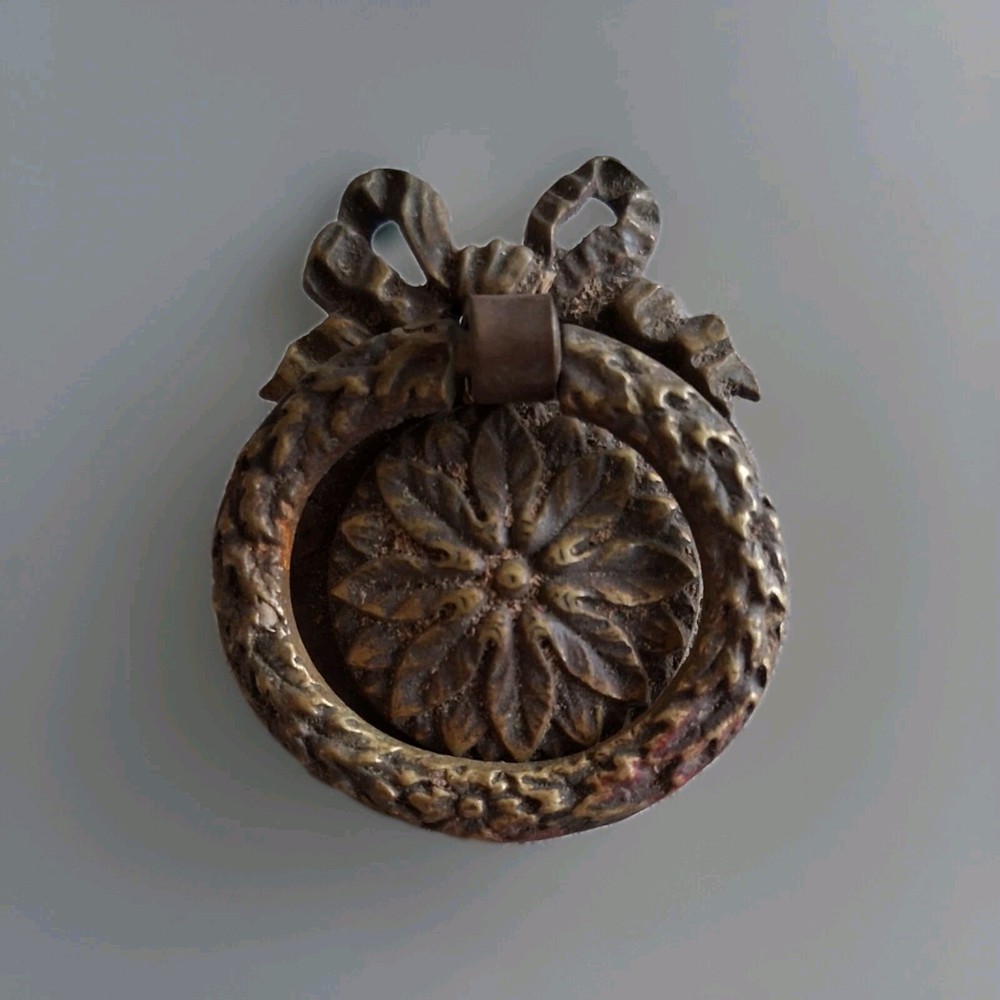 4 RARE Antique Ring Pulls Solid Brass Or Bronze. Garland Bow Wreath.