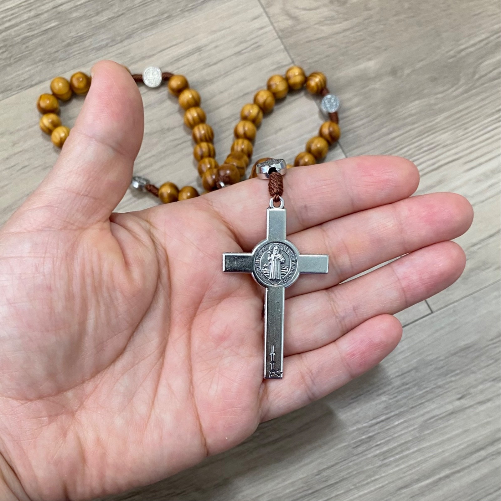 Saint St Benedict Wooden Rosary & Pouch Prayer Beads Crucifix Rosario San Benito