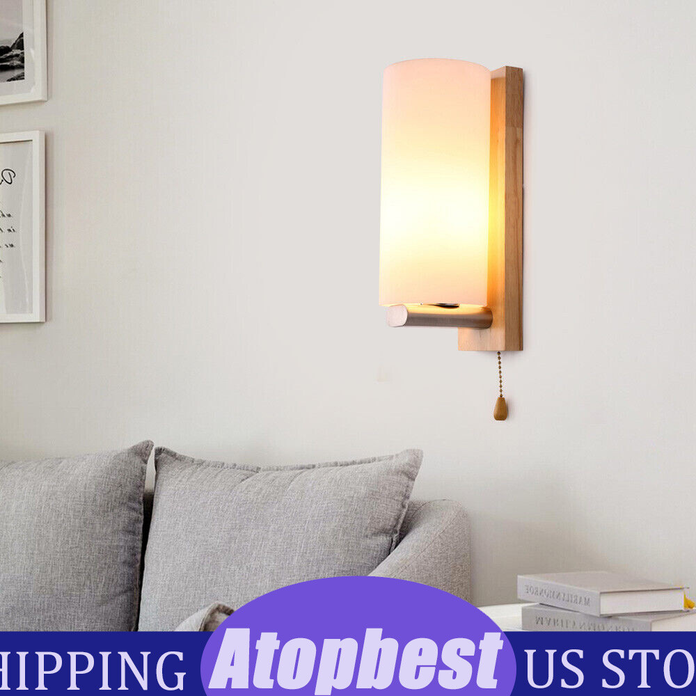 Modern White Wall Light Sconce Glass Shade Bedside Hallway Lamp With Pull Switch