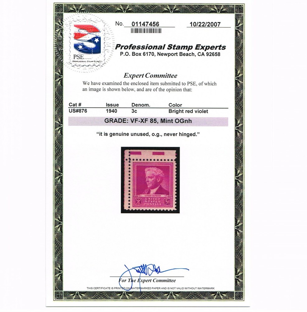 EXCEPTIONAL GENUINE SCOTT #876 VF-XF MINT PRISTINE OG NH PSE GRADED CERT