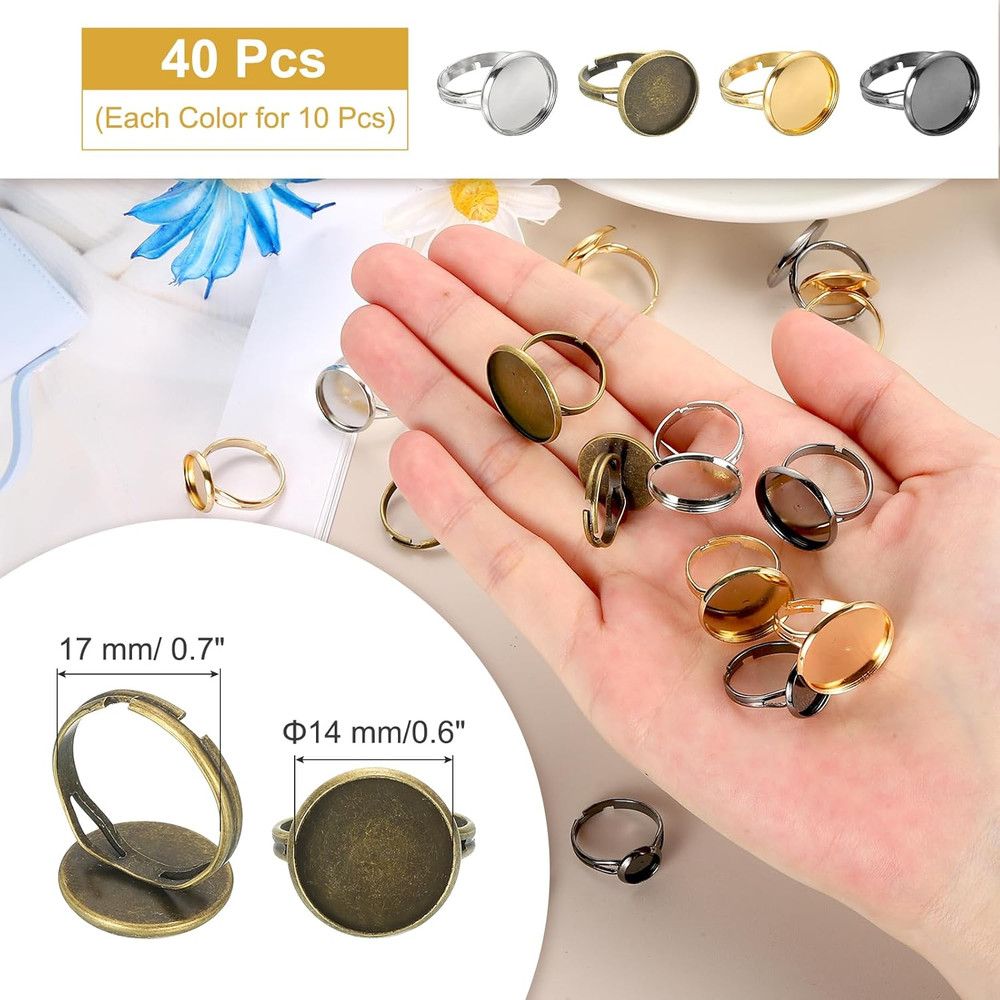 40Pcs Metal Ring Base Blank, 14Mm Adjustable Pad Cabochon Ring Blank Base Flat B