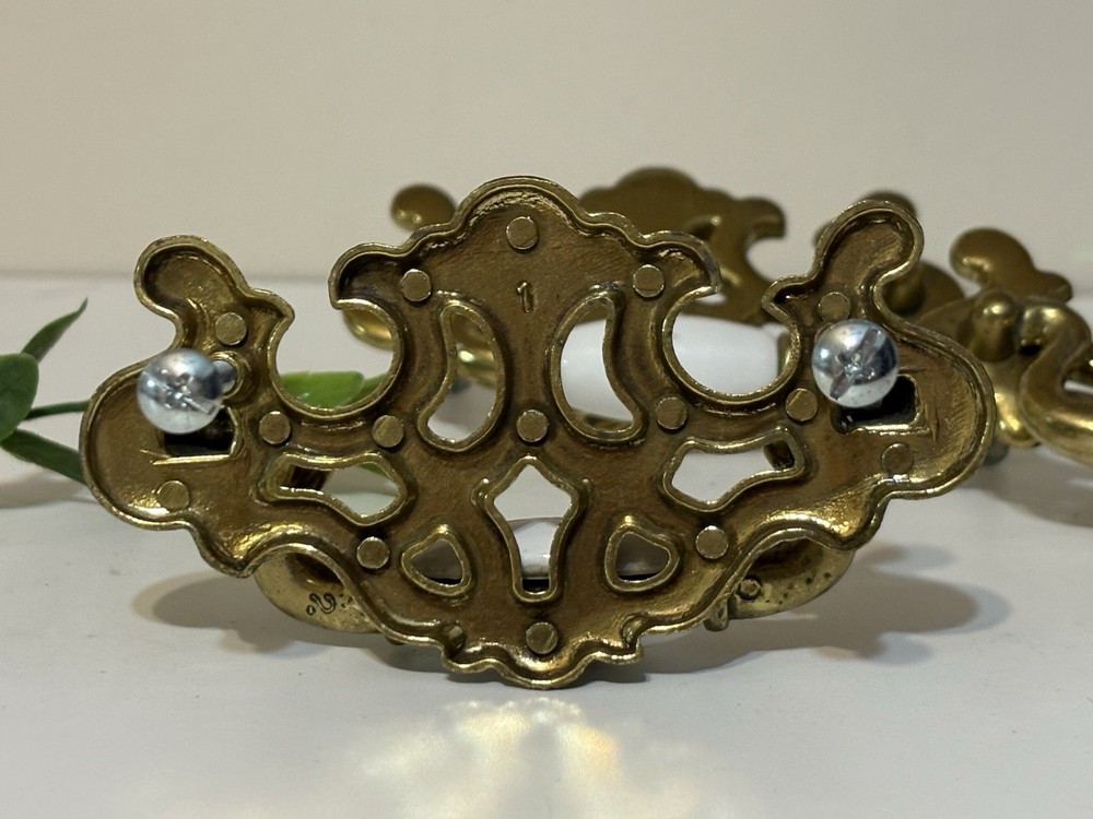 Antique French Provincial Ornate Openwork Brass Chippendale Drawer Pull Handle