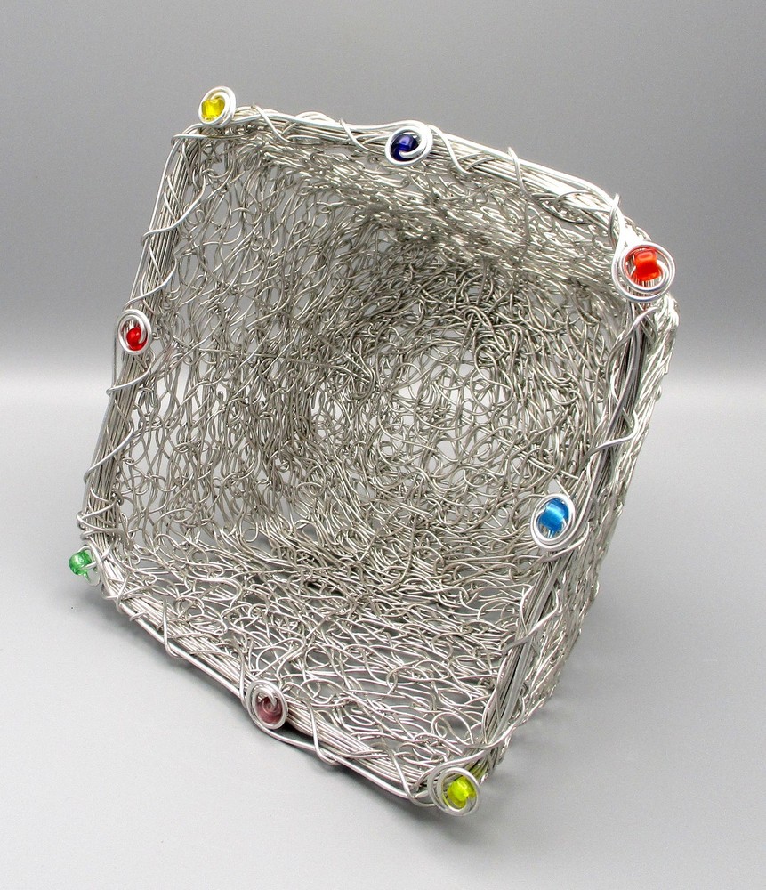 Decorative 8" Square x 4" High Wire Basket with Colored Beads
