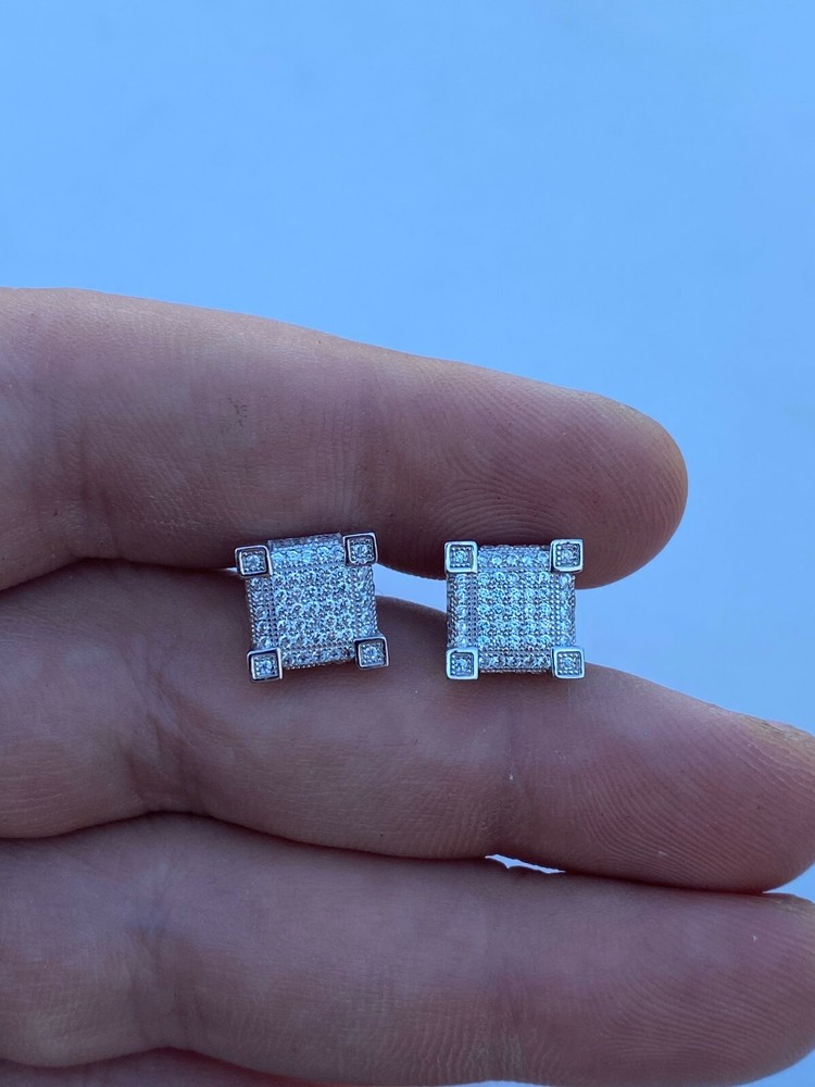 Mens Real Solid 925 Silver Iced CZ Hip Hop Earrings Studs Screw Back Cube