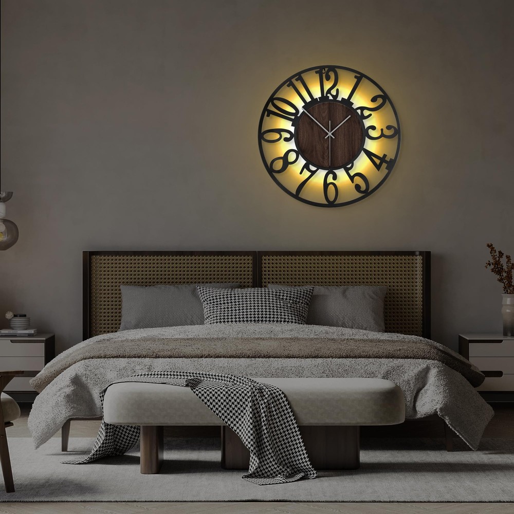 Large Wall Clock 24'' Lighted Rustic Wood Clock with Remote Timer, Silent Bat...
