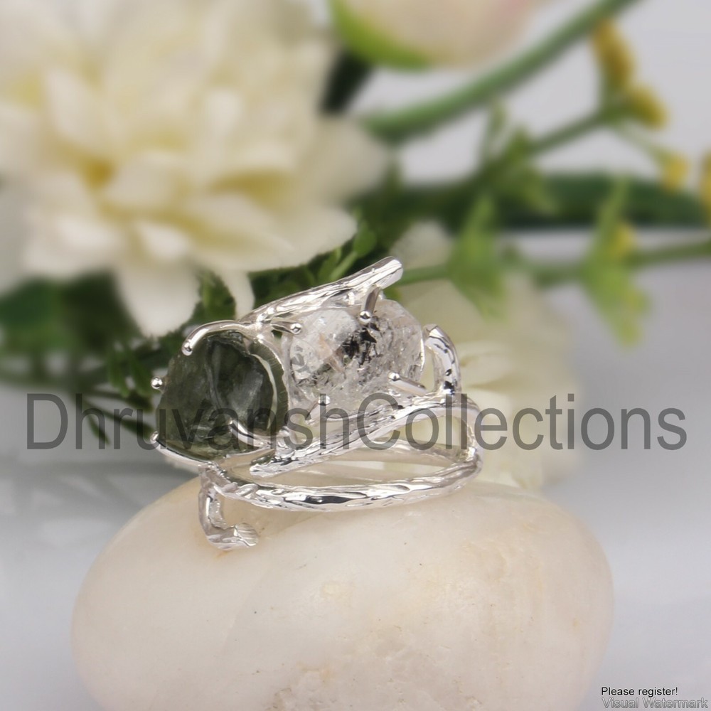 Raw Authentic Czech MOLDAVITE Ring 925 Sterling Silver Handmade Branch Ring