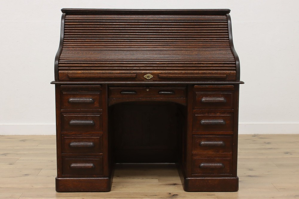 Victorian Antique Oak Roll Top Office Library Desk, Maple #55823