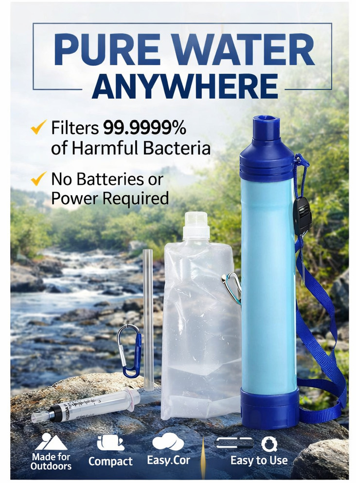 Emergency Water Filter Straw Kit Survival Prep Camping 99.99% Purifier