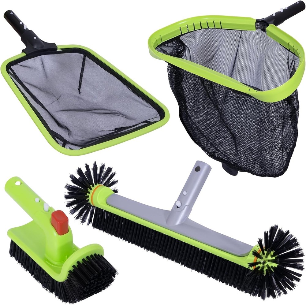 Deluxe Pool Cleaning Kit: Skimmer, Rotating Brush & Net for Debris & Algae