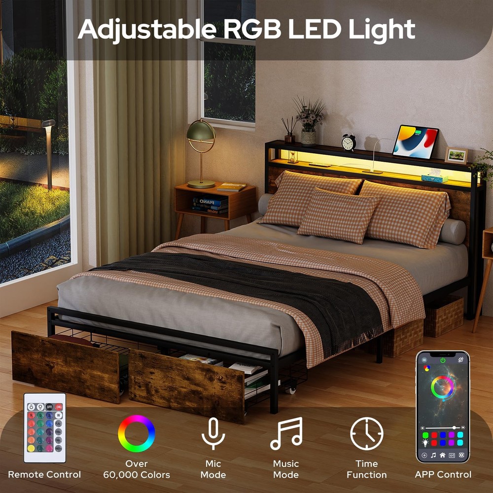 Full Bed Frame with Storage Drawers, Bed Frame Full Size with Headboard, LED ...