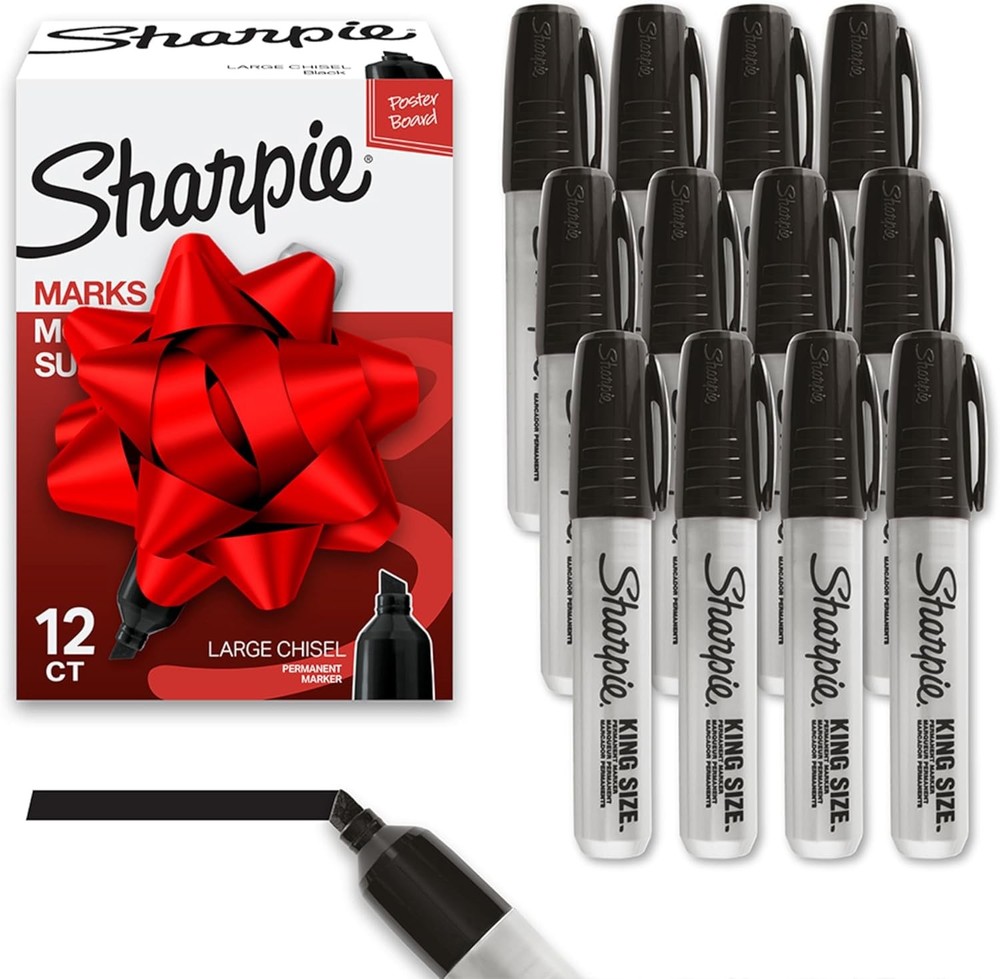 Sharpie King Size Permanent Markers Chisel Tip 12 Count (Pack of 1), Black