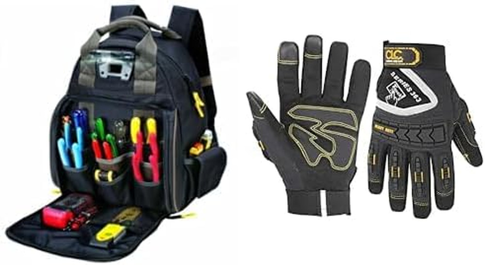 Lighted 53-Pocket Backpack & Durable Work Gloves Bundle - Black/Medium