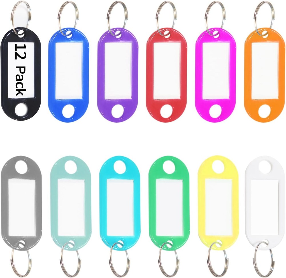 Key Tags, Labels, 12 Pack Plastic Tags with Ring 12 Pack, 12 Color