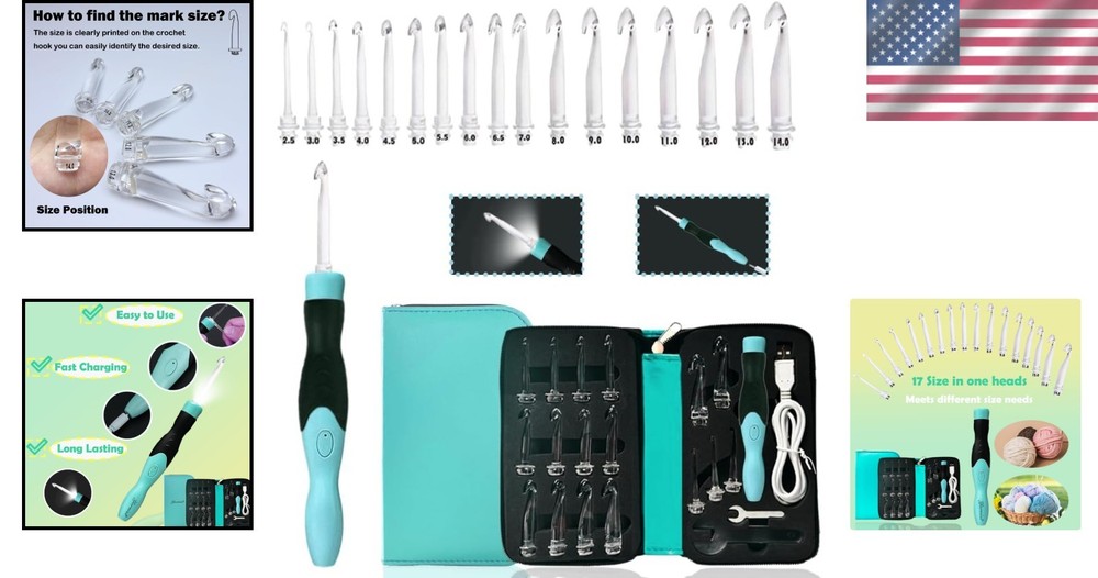 17 Sizes Light Crochet Hooks - USB Rechargeable with Adjustable Brightness