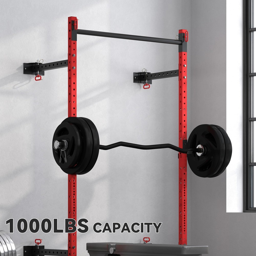 Folding Squat Rack with Adjustable Pull-Up Bar, 1000 Pounds Capacity Wall Mou...