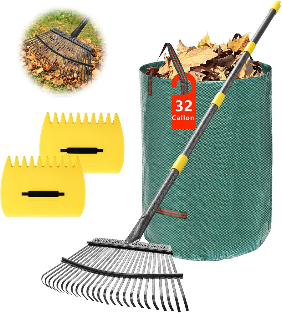 25-Tine Metal Leaf Rake Set with Adjustable Handle, 32-Gallon Bag & Leaf Scoops
