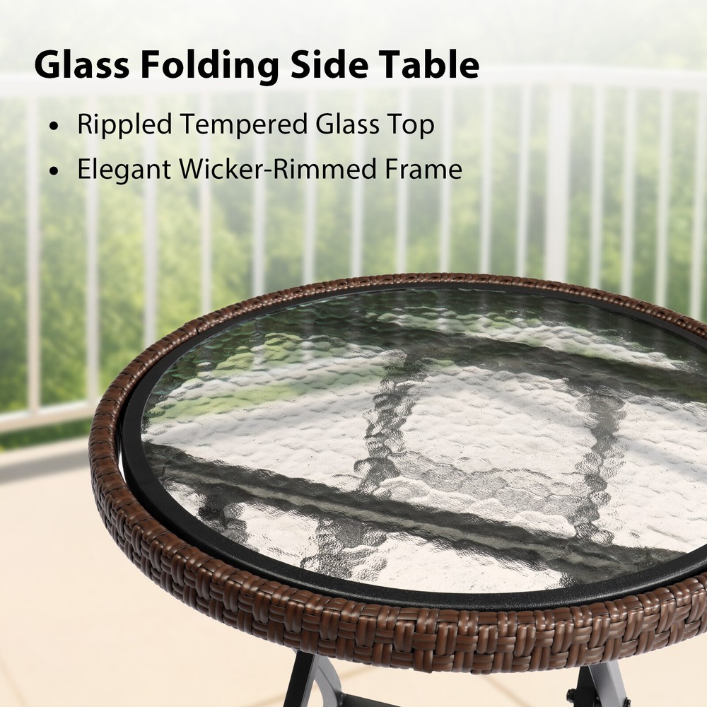 Round Rattan Side Table Foldable Wicker Table with Tempered Glass Table Top