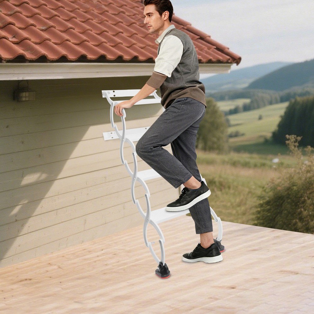 4-Step Wall Mounted Folding Ladder, White Retractable Telescoping Step Ladders