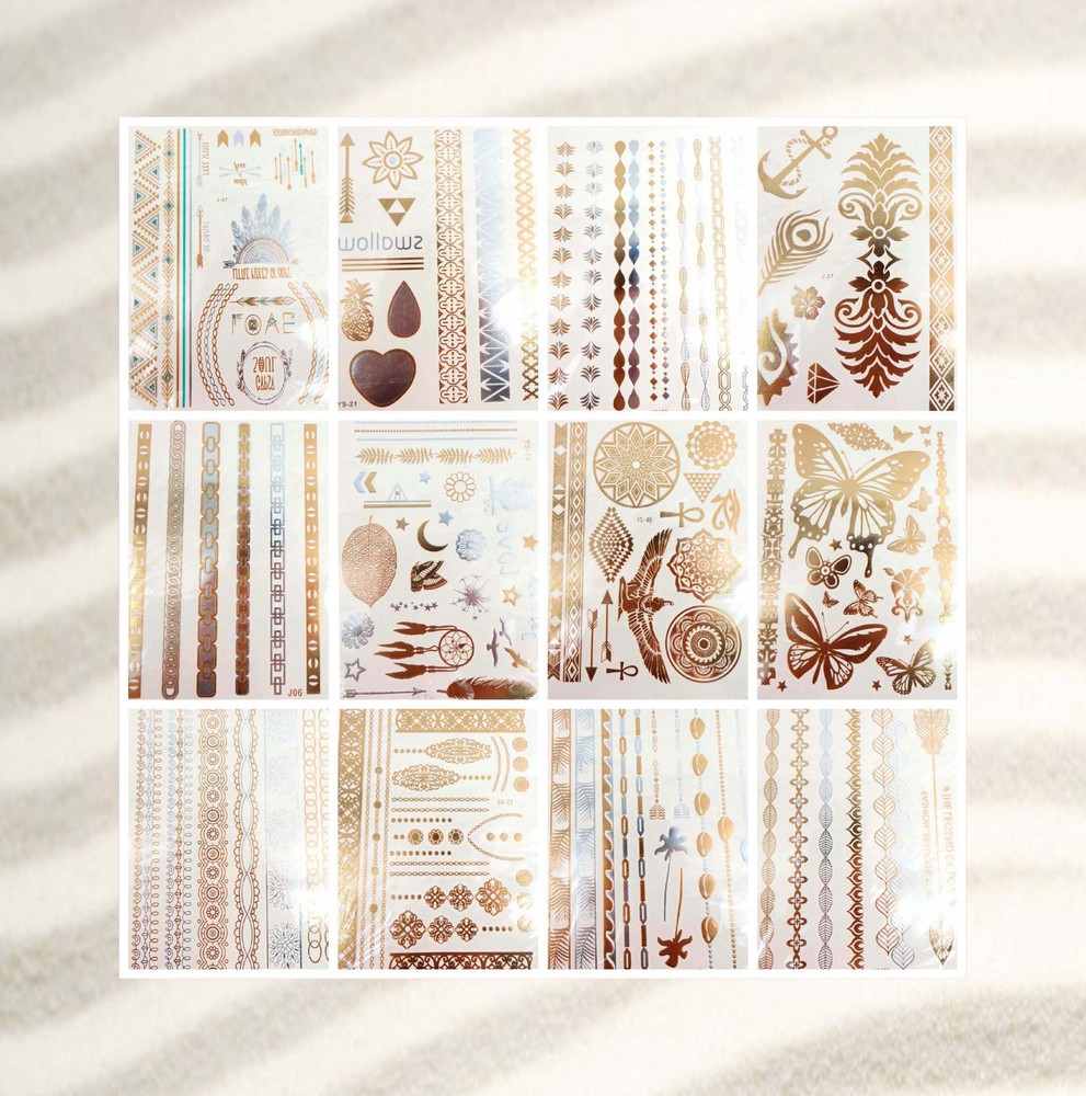 12 sheets metallic gold removable sticker temporary tattoo