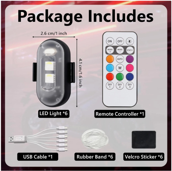 Wireless Rechargeable Strobe LED Lights, Waterproof Remote Control, 8 Colors