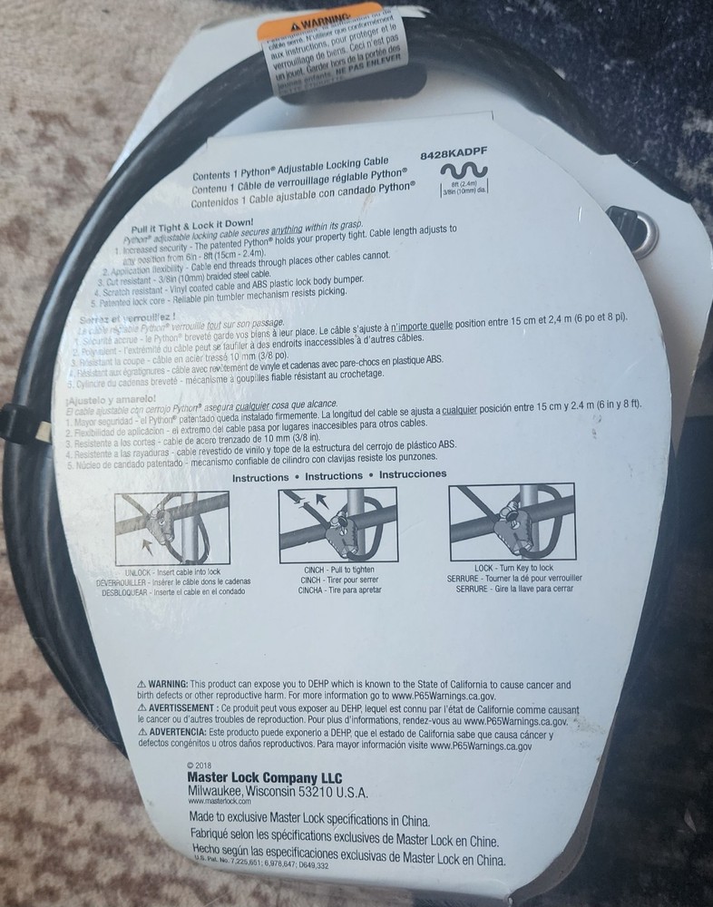 MasterLock 8428KADPF 8 Ft Python Vinyl Coated Steel Adjustable Locking Cable