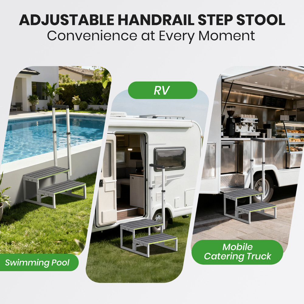 RV Steps with Handrail (26"-38"), Dual-Side Setup, Portable 2-Step RV Stairs