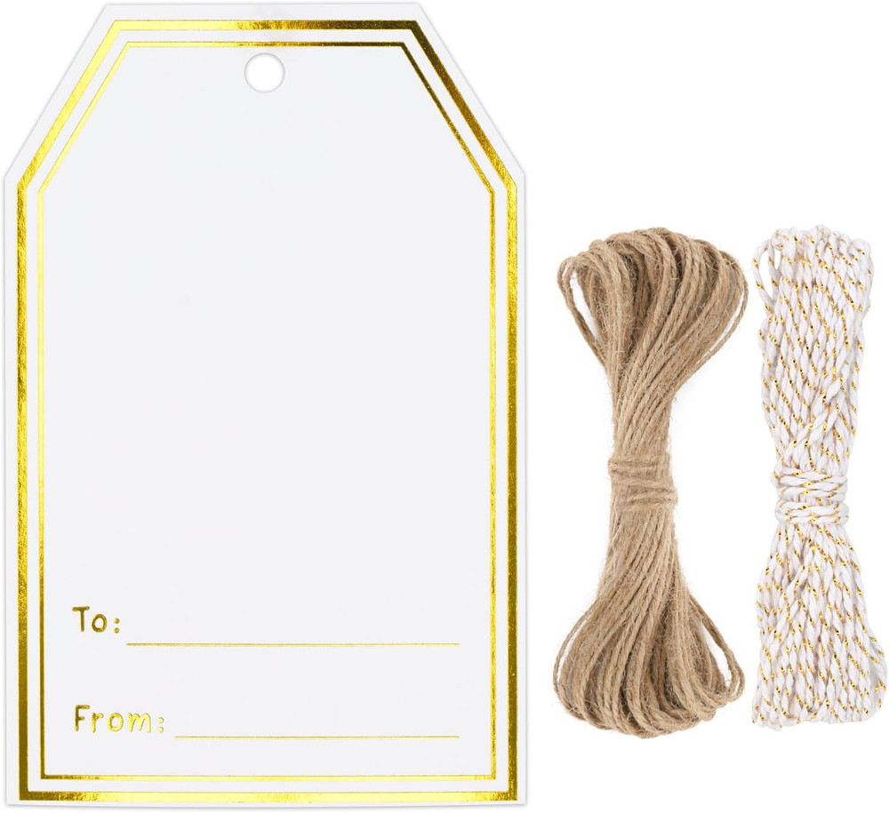 G2PLUS Gift Tags with String, Gold Foil Gift Name Tag, 100PCS to and from Tags,