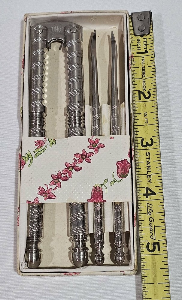 Vintage HMQ Metal Nut Cracker & Nut Picks 3 Piece Set In Original Packaging