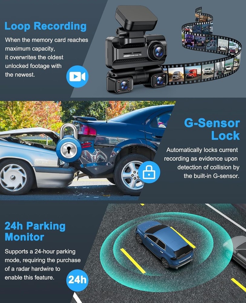 360° 4K 1080P 4CH WiFi Car Dash Cam Front & Rear & Inside Camera Loop Recording