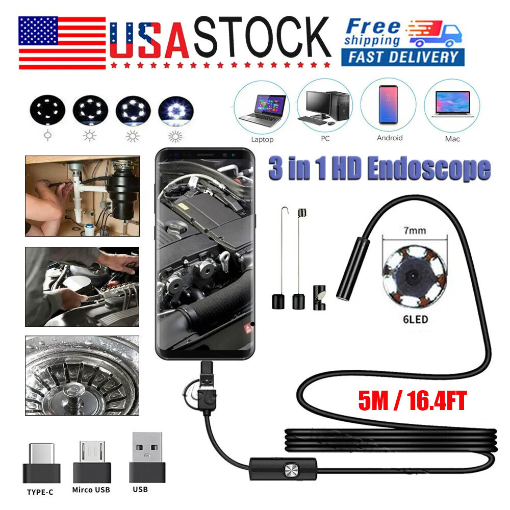 7mm HD Snake Endoscope Borescope Inspection Camera for USB Type C Android PC