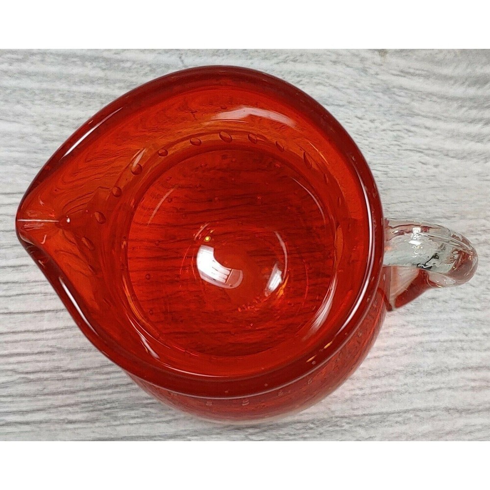 Lefton Red Glass Controlled Bubbles Creamer Hand Blown Mini Pitcher Handle VTG