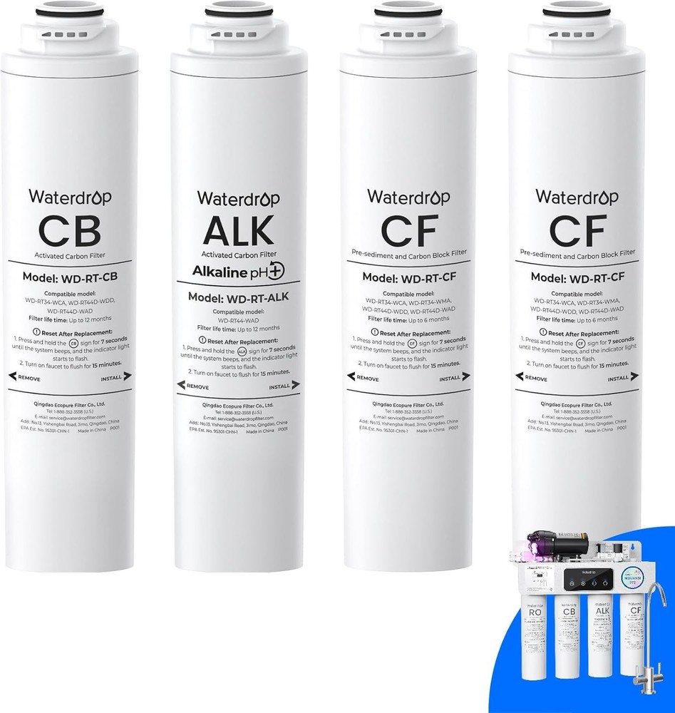Waterdrop WD-T4-RCA Replacement Filter, Pack of 2 CF & 1 CB & 1 Alkaline Filter