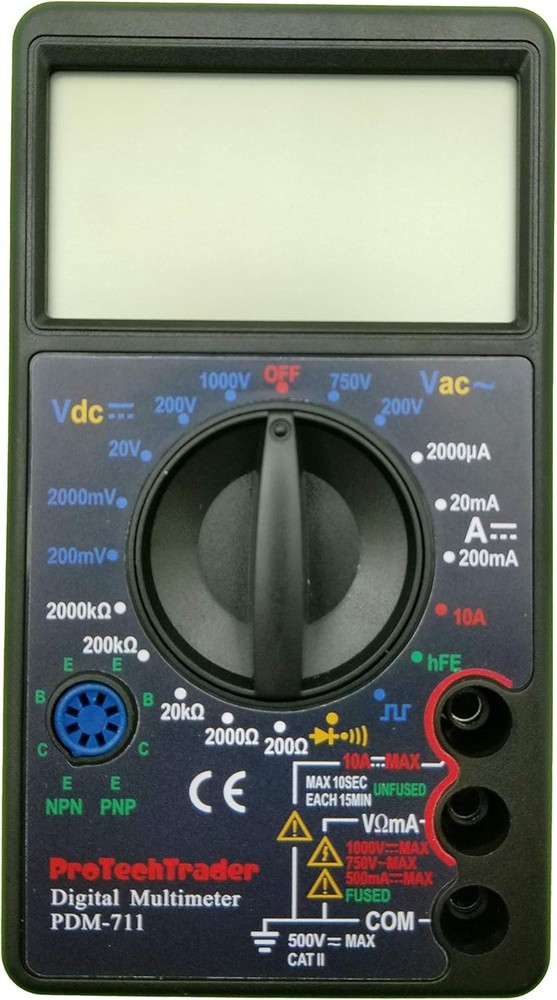 Large Screen Multimeter - Volts Ohms Amps Transistor (hFE) Square Wave Black