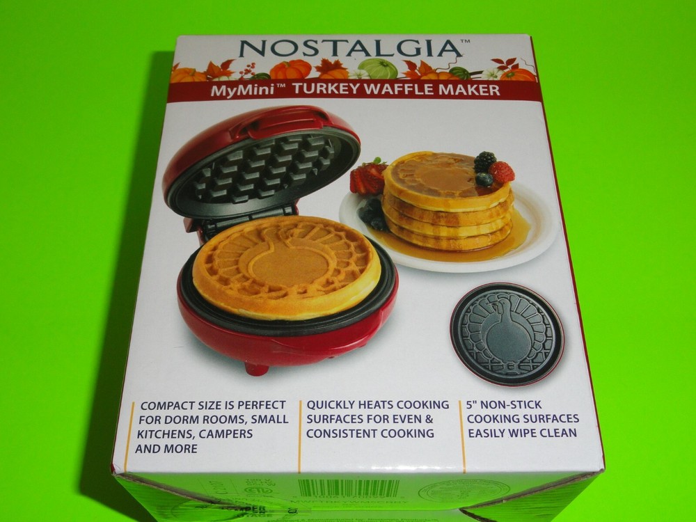 Nostalgia MyMini Turkey Pattern Waffle Maker Size 5” Non-Stick Easy Wipe Fall