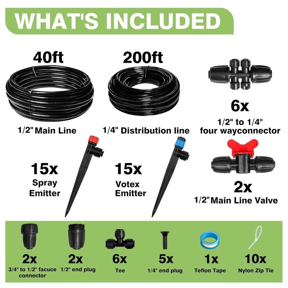 Automatic 240FT Drip Irrigation System - Quick Connect & Water Saving Technology
