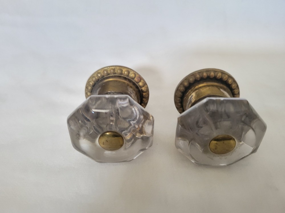 2 Pc Octagonal 1.5" Glass Door Drawer Pulls Brass Collar & Plate (4 SETS AVAIL)