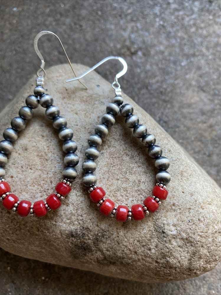Sterling Silver Red Coral W Pearls Bead Loop Earrings.