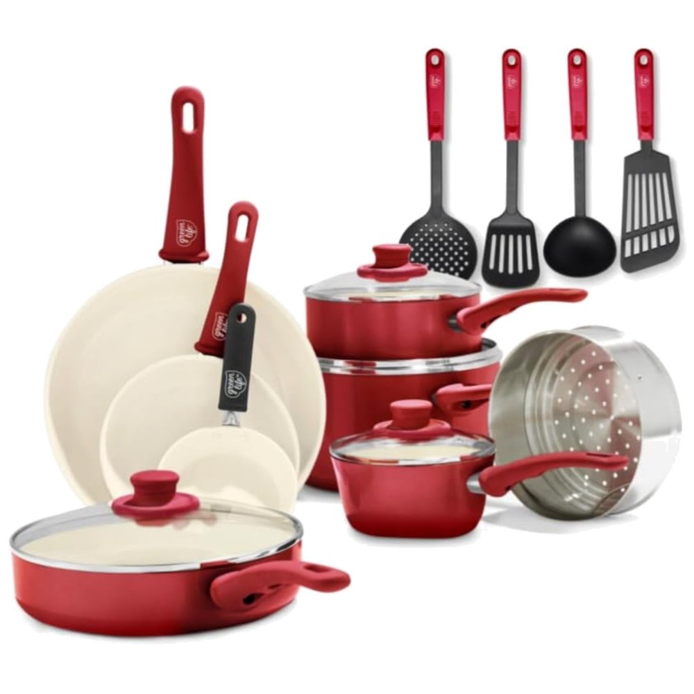 16-Piece Nonstick Ceramic Cookware Set, Red