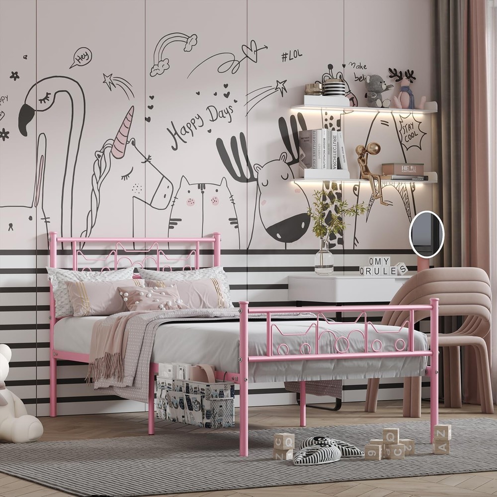 SENLOO Twin Size Metal Platform Bed Frame with Headboard, Pink, Cute Kitty De...