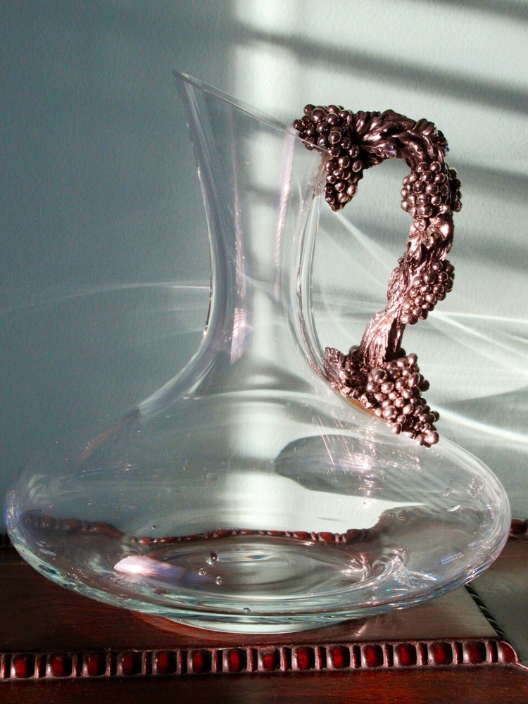 Wine Decanter Sterling Silver Grape Vine Handle Hand Blown Art Glass, Signed
